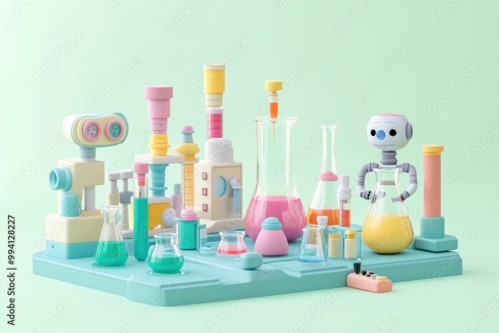 Poster a colorful science lab setup with various beakers, test tubes, and a friendly robot assistant.