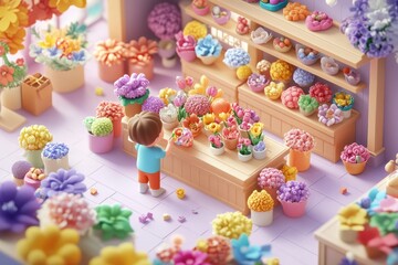 A colorful flower shop filled with vibrant floral arrangements and a child exploring.