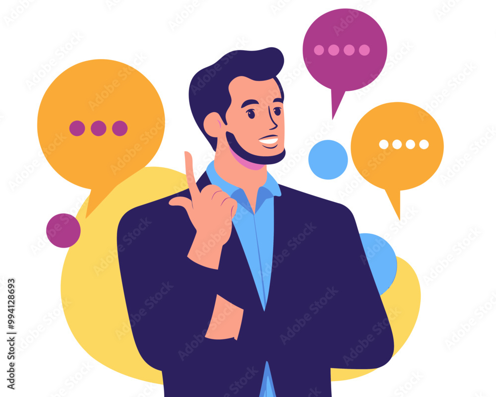 Poster confident businessman engaging in public speaking and discussion with multiple speech bubbles concep