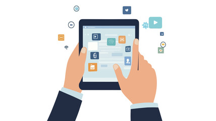 Businessman Using Tablet for Social Networking and Digital Marketing with Social Media Icons