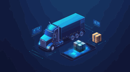 Polygonal 3D Truck with Parcels on Smartphone for Online Cargo Delivery Service, Logistics, and Tracking App - Modern Minimalist SVG Vector Illustration on Dark Blue Background