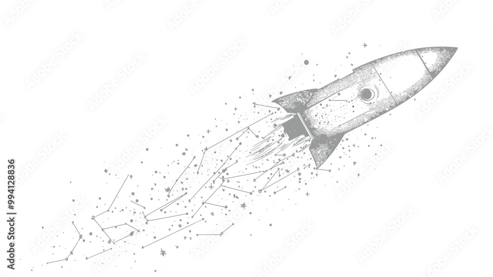 Poster abstract line art rocket illustration with starry sky in minimalist style - space exploration vector