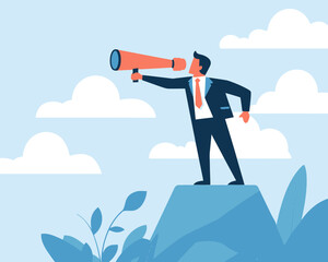 Businessman on Giant Pointing Finger with Telescope for Vision and Strategy, Future Business Direction, Flat Minimalist SVG Vector