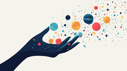 Obraz premium Abstract Hand Holding Cosmic Puzzle Pieces - Space, Planets, Stars, Vector Minimalist Art Concept