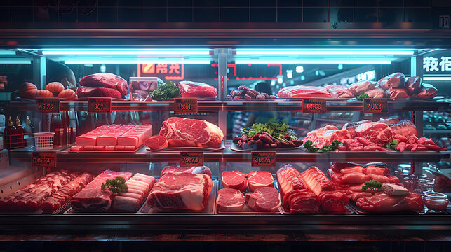 Meat aisle with various cuts displayed in a refrigerated grocery section. close-up of a meat fridge in a grocery store filled with various cuts of fresh meat various cuts of beef, pork and other meats - Powered by Adobe