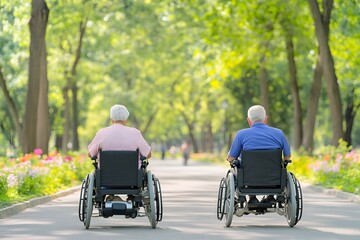 Obraz premium Elderly individuals in motorized wheelchairs navigating a vibrant lush urban park surrounded by towering trees blooming flowers and meandering pathways capturing the freedom independence
