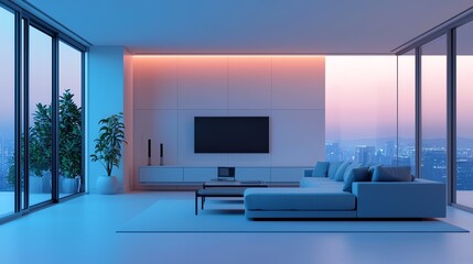 Modern living room with sleek design, soft lighting, and city view through large windows, creating a serene atmosphere.