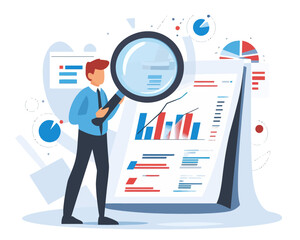 Business Data Analysis Concept Flat Vector, Financial Research, Marketing Insights, Analytics Diagram, Businessman With Magnifying Glass Analyzing Charts