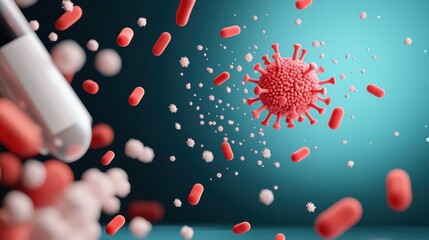 An animated illustration of a virus being neutralized by antibodies, symbolizing the importance of vaccination.