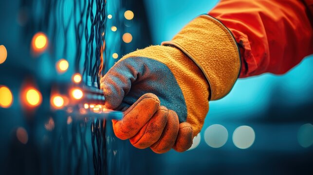 A worker wearing rubber gloves and insulated tools, working on electrical equipment with caution.