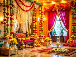 Obraz premium Elegant Indian Wedding Decorations at Home Featuring Traditional Elements and Colorful Festive Accents