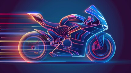 Fototapeta premium Neon-colored motorcycle in motion, depicted with a digital wireframe and holographic design. Speed and dynamism are emphasized through glowing lines and streaks,