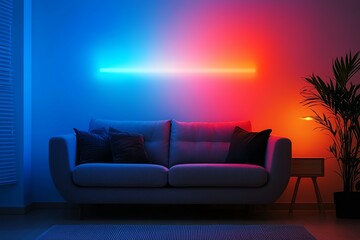 A modern living room featuring a stylish sofa illuminated by vivid blue and red lights, creating a cozy and vibrant atmosphere.