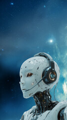 a robot call center agent wearing a headset with microphone interacting with online chat, outer space background