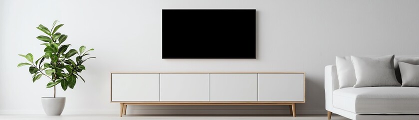 Obraz premium Modern living room interior with a sleek TV, minimalist furniture, and a decorative plant adding elegance to the space.