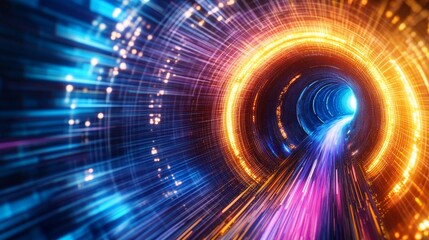 Fototapeta premium A vibrant, glowing tunnel of light with dynamic streaks in various colors, suggesting movement and speed through a digital or sci-fi environment.