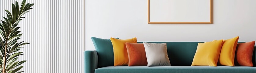 A modern living room featuring a stylish sofa with colorful cushions and a minimalist wall decor for a cozy ambiance.
