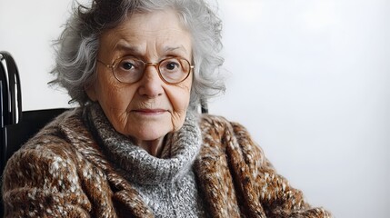 Smiling Elderly Woman in Wheelchair on White Background