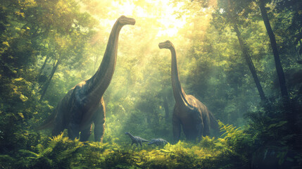 A pair of Brachiosaurus dinosaurs towering over a lush, green forest, their long necks reaching into the treetops to feed on the leaves.