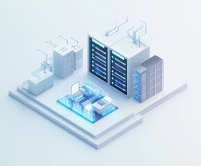 A stylized data center with servers, storage, and networking equipment.