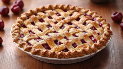 A golden brown lattice crust filled with sweet and tangy cherry filling, perfectly baked and ready to be enjoyed