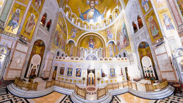Belgrade, Serbia, Sept 1,2024: top view inside the Orthodox Church, The Temple of Saint Sava in Belgrade capital of Serbia. Showing intricate frescoes, ornate iconostasis, and elegant marble floor.