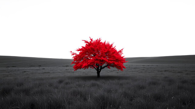 Single red tree, black and white. Generative AI