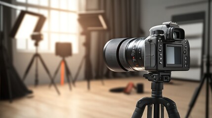 Professional DSLR Camera On Tripod In Studio Setup