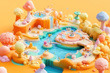 A colorful, whimsical landscape with water features and playful elements.
