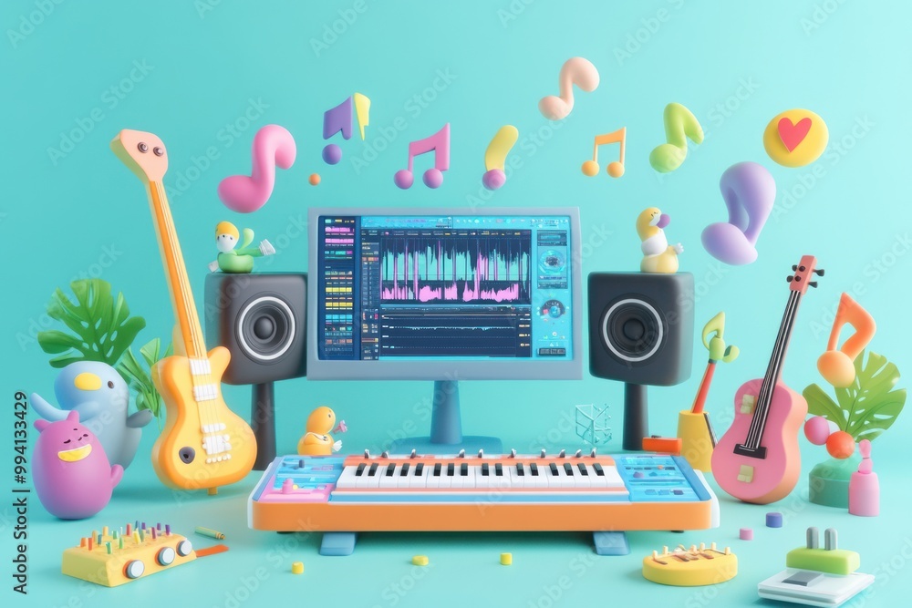 Poster A colorful music studio setup featuring instruments, software, and playful elements.