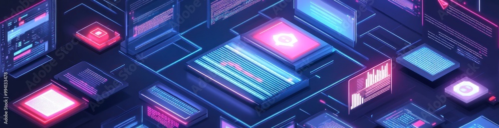 Poster a digital landscape featuring screens and data visualizations in vibrant colors.