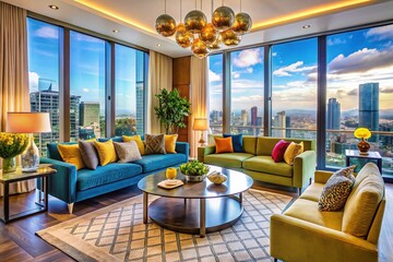 Elegant luxury apartment interior design showcasing modern furnishings and stunning city views