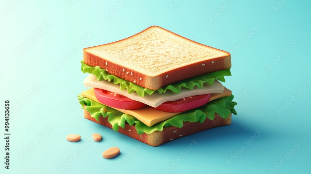 Poster A colorful, stacked sandwich with layers of ingredients on a light blue background.