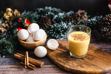 Rompope vanilla liqueur eggnog drink made with eggs in Mexico, traditional for Christmas season	