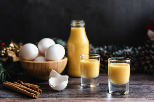 Rompope vanilla liqueur eggnog drink made with eggs in Mexico, traditional for Christmas season	
