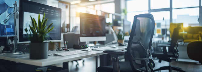 A modern, empty office with a computer on a desk a chair monitor. surrounded by furniture and technology background