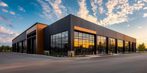 Obraz premium A modern commercial building featuring large glass windows and a striking sunset backdrop.