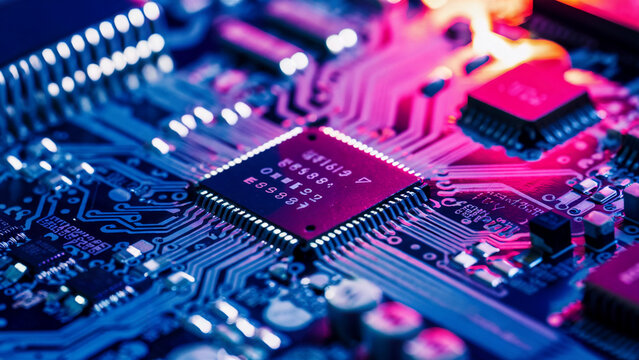 A close-up view of an electronic circuit board. Prominent features include a central microchip with visible numbers and letters, surrounded by intricate patterns of wires 