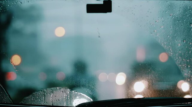 Raindrops on a rear car window and cleaned by car wipers with bokeh background