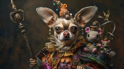 Wonderful chihuahua outfitted as a trickster sporting a staff and teddy rabbits