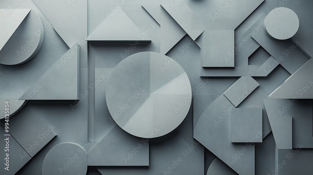 Poster an abstract gray background features layered geometric shapes, creating depth and a modern, minimali