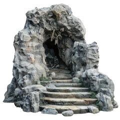 Obraz premium Stone stairway leading up to the entrance of a dark cave with stalactites hanging from the ceiling
