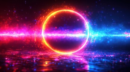A luminous orange ring glowing brightly in a cosmic backdrop with bright blue and red lights reflecting on a textured surface