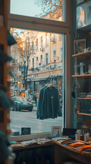 Blue Sweatshirts Hang on a Rack in a Clothing Store Window Display