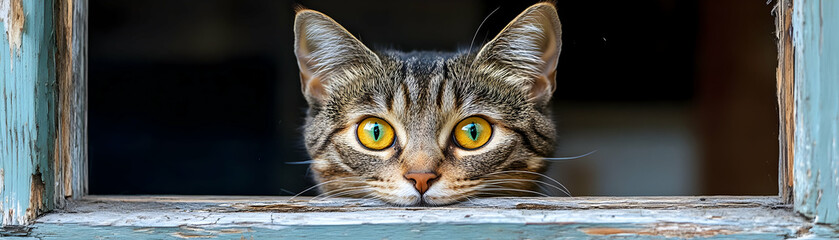 Curious Tabby Cat Peers Through Rustic Window with Intense Gaze