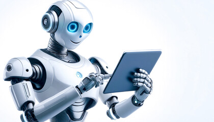 Friendly cartoon humanoid robot with artificial intelligence, uses a tablet to solve tasks on white background