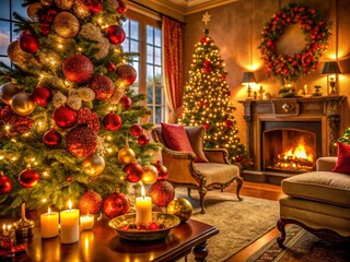 Elegant Luxury Christmas Living Room Decorated with Beautiful Ornaments and Warm Ambient Lighting