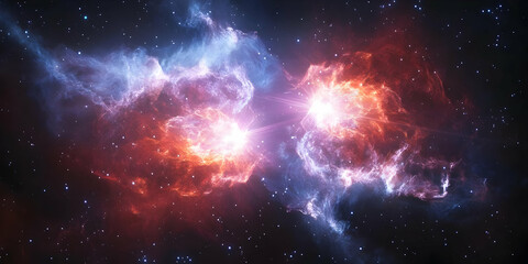 Obraz premium Cosmic Collision: Two Nebulae Collide in a Blaze of Light and Color
