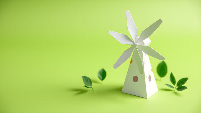 ESG and clean energy paper windmill concept on green background. Sustainable resources. Earth Day. Investing in green businesses. Reducing carbon and creating clean sustainable energy. Generative AI