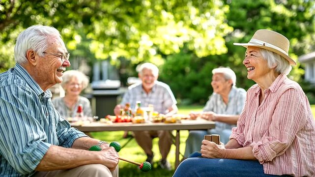 Seniors having fun at a weekend barbecue, gathered in a backyard with a grill sizzling in the background. Some are playing bocce or croquet on the lawn